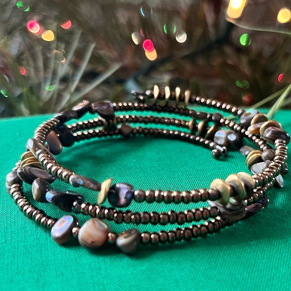 Retired Silpada abalone shell wrap bracelet sterling silver B1706 Bronze, Glass